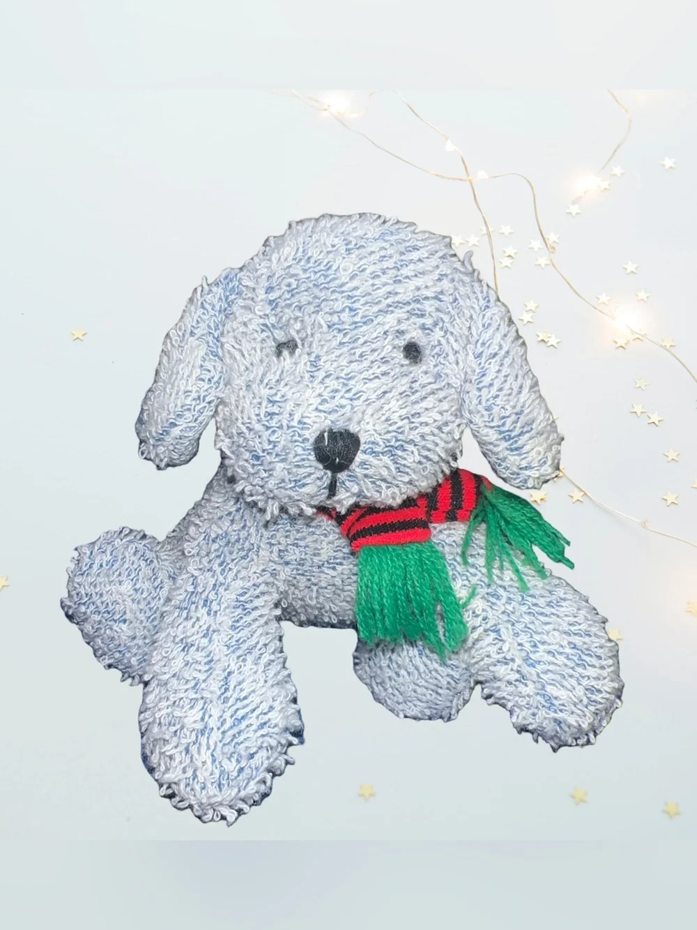 Vintage  Russ Berrie Blue White Terrycloth Puppy Dog W/red Striped Scarf 5” HTF